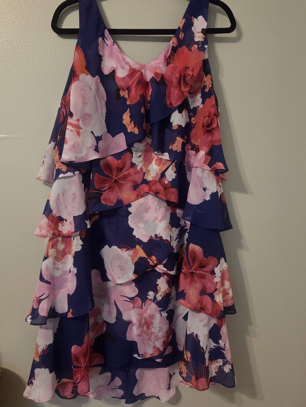 SLNY Blue Multicolor Ruffle Sleeveless Party Dinner Evening Dress Sz 16 Zip